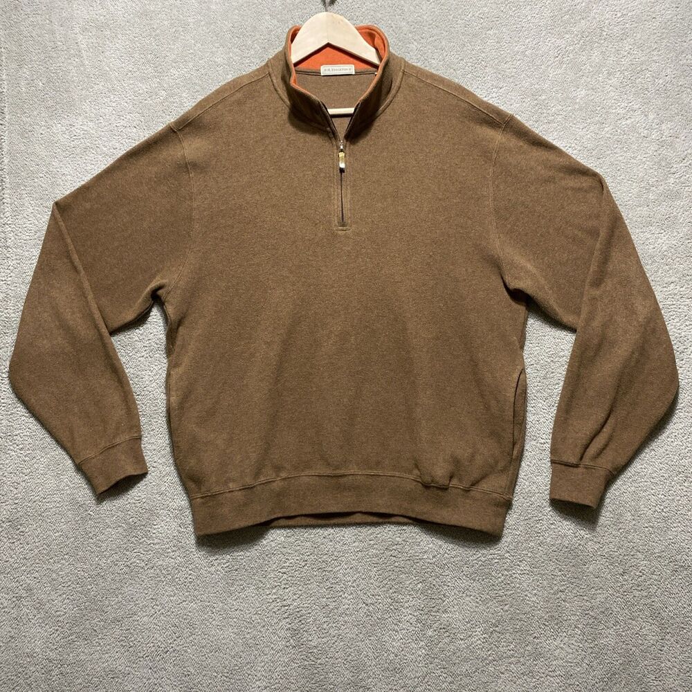 H Stockton Mens Large 1/4 Zip Sweater Cotton Pullover Vintage Brown Pockets